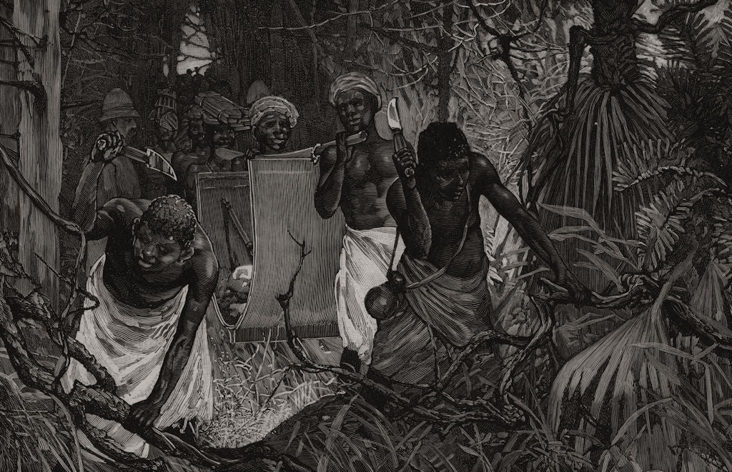 Carrying the steel boat and cutting a path through the forest. Africa 1890